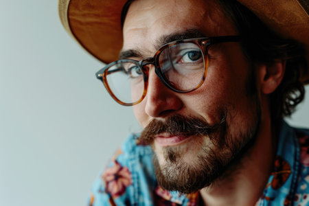 Portrait of a handsome bearded hipster man with glasses and hatの素材