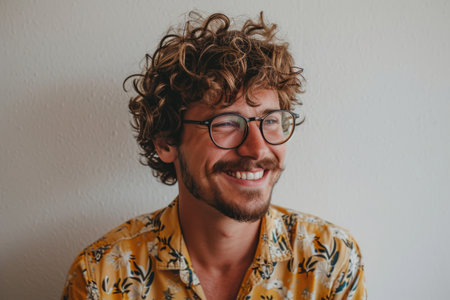 Portrait of a handsome young man with curly hair and glasses smilingの素材