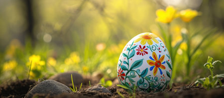 Easter egg in the spring garden with yellow flowers. Easter backgroundの素材