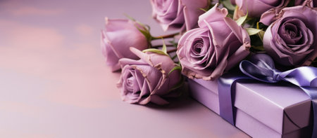 Bouquet of purple roses and gift box on pink background.の素材