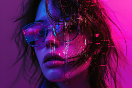 Fashion portrait of a young beautiful woman with long hair in neon light in glitch art style.の素材