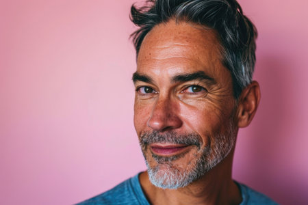 Portrait of a handsome middle-aged Spanish man on a pink background.の素材