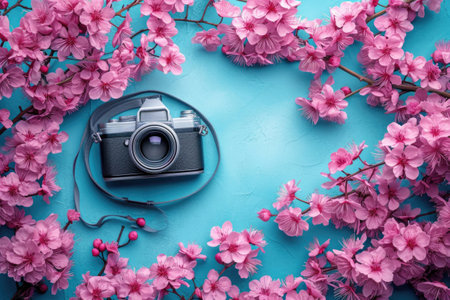 Flat lay composition with sakura flowers and camera on blue backgroundの素材