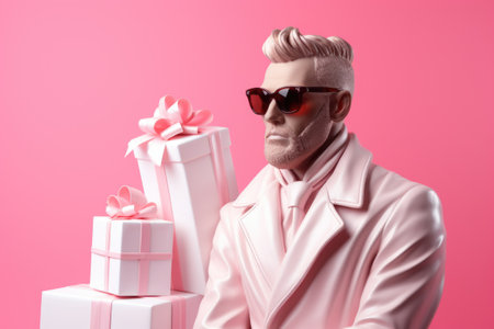 Retro portrait of a stylish man in sunglasses and a pink jacket with gifts on a pink background.の素材