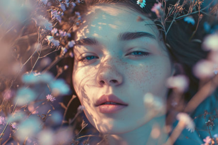 Portrait of a beautiful young woman in a field with flowers.の素材