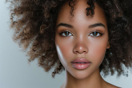 beautiful african american girl with curly hair, isolated on grayの素材