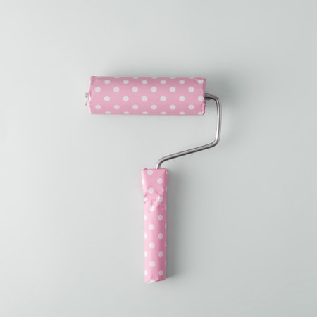 Paint roller wrapped in pink polka dot gift paper on a blue background. Creative gift concept.の写真素材