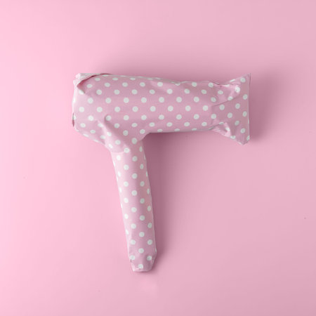 Women's gift concept. Hair dryer wrapped in pink gift paper with polka dots on a pink background.の写真素材