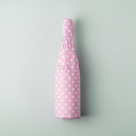 Champagne bottle packaged in pink polka dot gift paper on a blue pastel background. Creative gift and holiday concept.の写真素材
