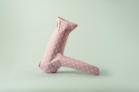 Hair dryer packaged in pink polka dot gift paper on a blue pastel background. Creative concept for a feminine gift.の写真素材