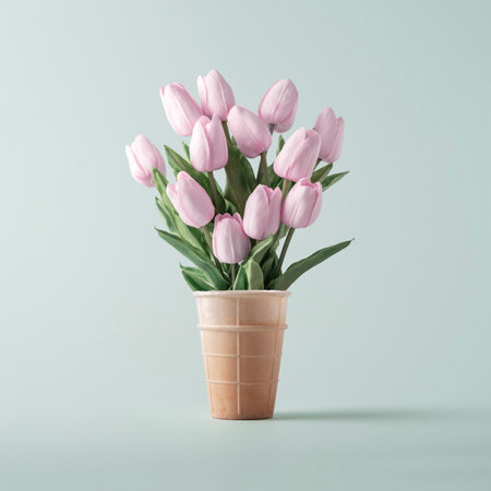 Waffle cup of ice cream with a bouquet of tulips on a blue background. Creative concept for spring and Easter.の写真素材