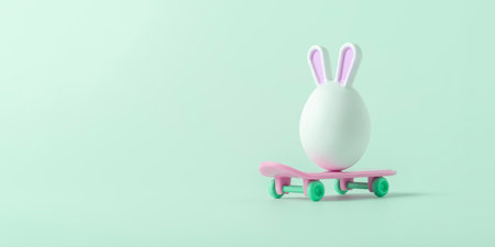 Easter egg with bunny ears riding a pink skateboard on pastel green background. Creative concept for easter. Easter banner.の写真素材