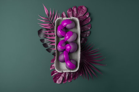 Easter Concept. Tray with painted purple Easter eggs and tropical leaves on a dark green background.の写真素材