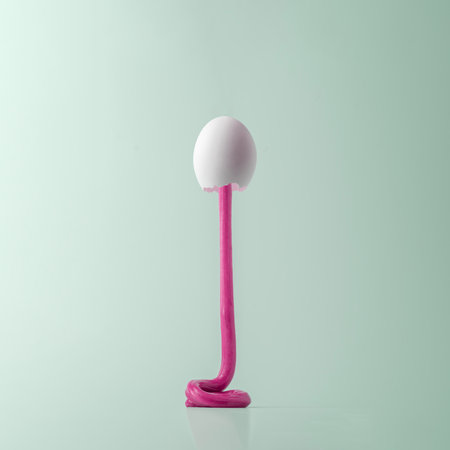 Creative Easter concept. White egg in the form of a rocket with pink paint on a blue background.の写真素材
