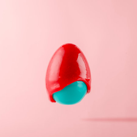 Creative Easter concept. Blue Easter egg in red paint on pink background.の写真素材