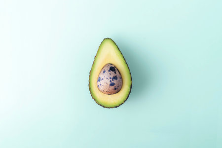 Easter Concept. Egg in cut avocado on blue pastel background.の写真素材