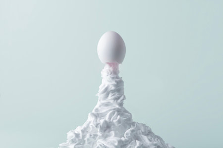 Creative Easter concept. White chicken egg in the form of a rocket flies on a blue background.