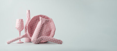 Hair dryer, champagne bottle with glass and frying pan packaged in pink polka dot gift paper on a blue pastel background with space for text. Creative concept for a feminine gift.の写真素材