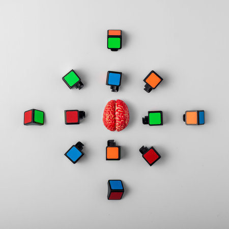 Human brain with colorful cubes on white background. Brainstorming concept