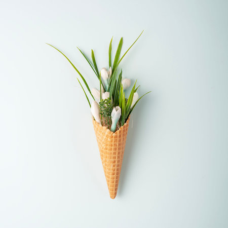 Ice cream cone with flowers on blue background. Flat layer, top view. Creative minimalistic spring concept.の写真素材