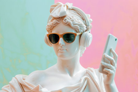 Sculpture of Aphrodite with headphones and cell phone on pink background.の素材