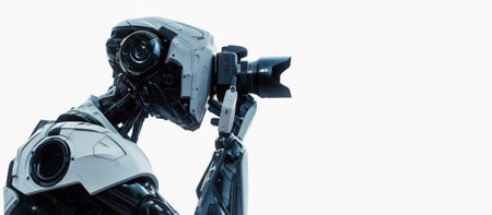 Portrait of a humanoid robot with a camera on a white background with blank space for textの素材