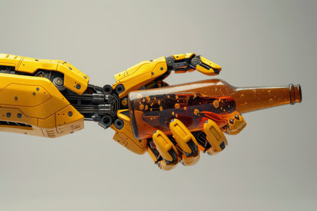Robot hand holding a bottle of beer on gray background. Artificial intelligence concept.の素材
