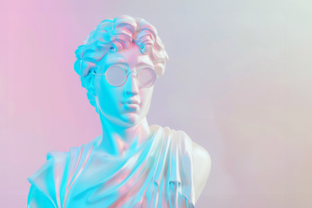 Statue of Apollo wearing glasses in blue and pink light.の素材