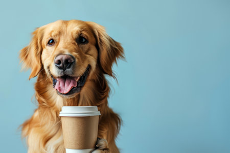 Cute golden retriever breed dog with paper coffee cup on blue background with space for text. Dog cafe concept.の素材
