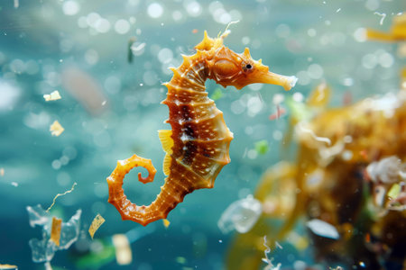 Seahorse swimming in littered water. Close-up of a seahorse. Concept of pollution of seas and oceans.の素材