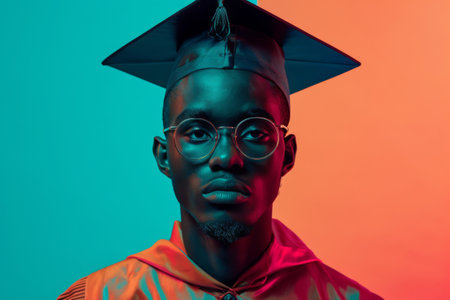 Portrait of African American man wearing glasses with graduation cap on blue-orange background. illuminated with neon light.の素材