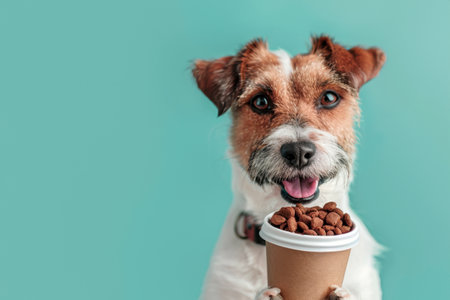Jack Russell Terrier dog with coffee paper cup filled with dog food on blue background. Dog cafe concept.の素材