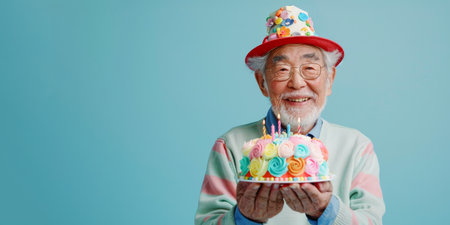 Funny portrait of Asian grandpa in birthday hat with cake and lighted candles on blue background. Retiree birthday party concept.の素材