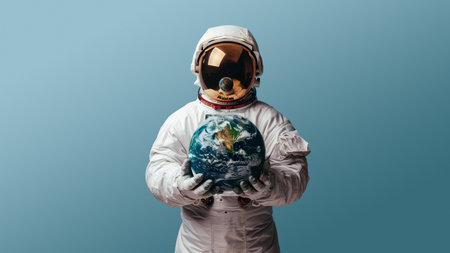 Astronaut in spacesuit holding Earth planet. Concept of conservation of earth plans.の素材