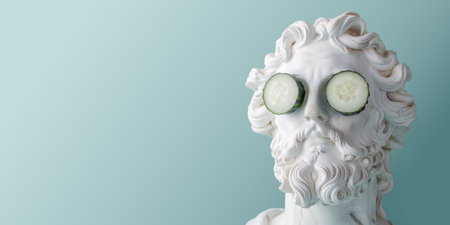Statue of antique man with cucumber slices on eyes on blue background. Concept of male beauty and self-care. Cosmetic banner.の素材