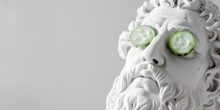 Statue of antique man with cucumber slices on eyes on white background. Concept of male beauty and self-care. Cosmetic banner.の素材