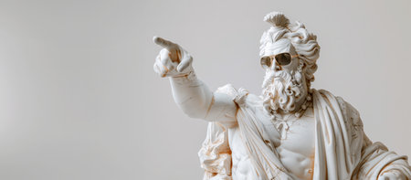 Brutal sculpture of Zeus in sunglasses points his finger at an empty space for text. Banner.の素材