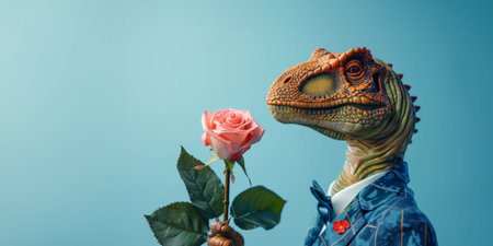 Funny dinosaur in a business suit with a rose on a blue background. Creative concept of young love.の素材