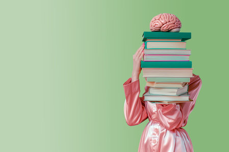 Woman in pink dress with books and brain on green background. Education conceptの素材