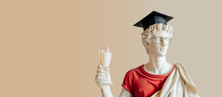 Classical graduation cap on the head of a man with a glass of champagneの素材