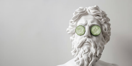 Statue of antique man with cucumber slices on eyes on white background. Concept of male beauty and self-care. Cosmetic banner.の素材