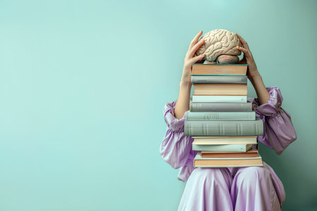 Young woman with books and brain on colored background with copy space. Back to school. Concept of education.の素材