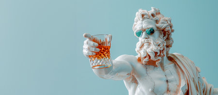White sculpture of Zeus wearing glasses with a glass of whiskey on a blue background with space for text.の素材