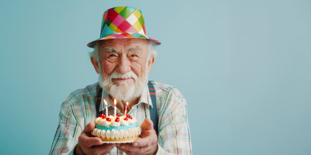 Funny portrait of grandpa in birthday cap with cake and lighted candles on blue background. Retiree birthday party concept.の素材