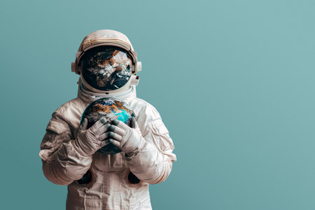 Astronaut in spacesuit and helmet holding planet Earth. Concept of conservation of planet earth.の素材