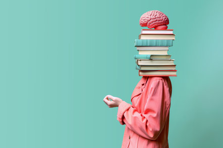 Woman with book and brain instead of head on blue background with space for text. Concept of education and learning.の素材