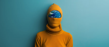 Fashion portrait of a woman in an orange sweater with a globe instead of a face. Concept of preserving the planet earth. Overproduction of clothing.の素材