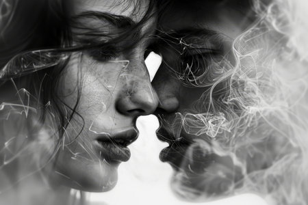 Black and white portrait of a couple in love with smoke effect.の素材