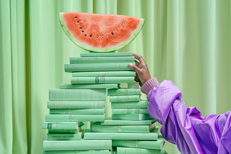 Woman's hand touches a stack of books with a watermelon on top. Education Concept.の素材