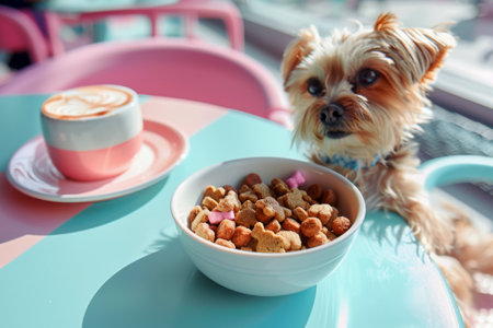 Dog cafe concept. Cute dog with a bowl of dry food and a cup of coffee on the table.の素材
